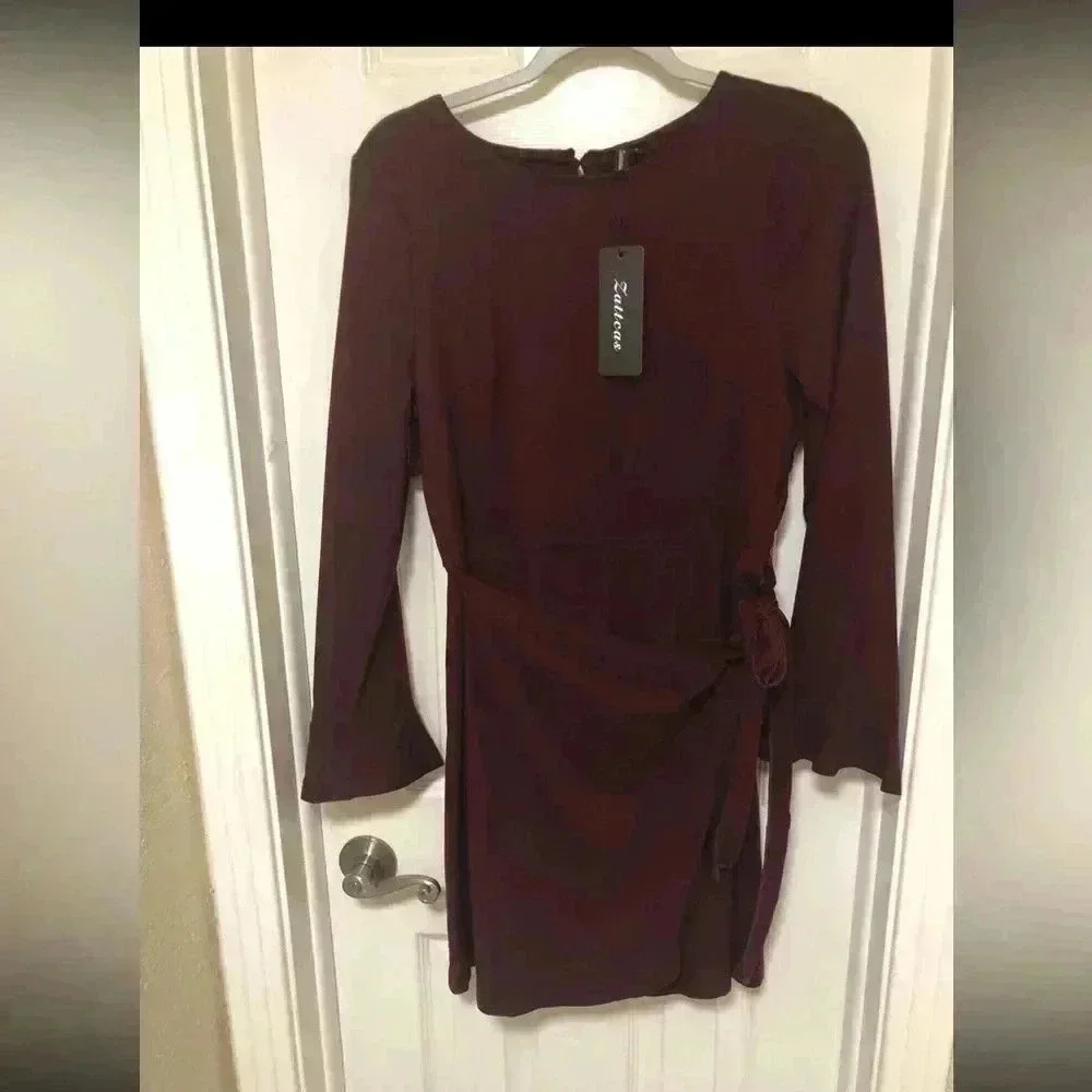 Deep Burgundy Ruffled Bell Sleeve Sheath Dress